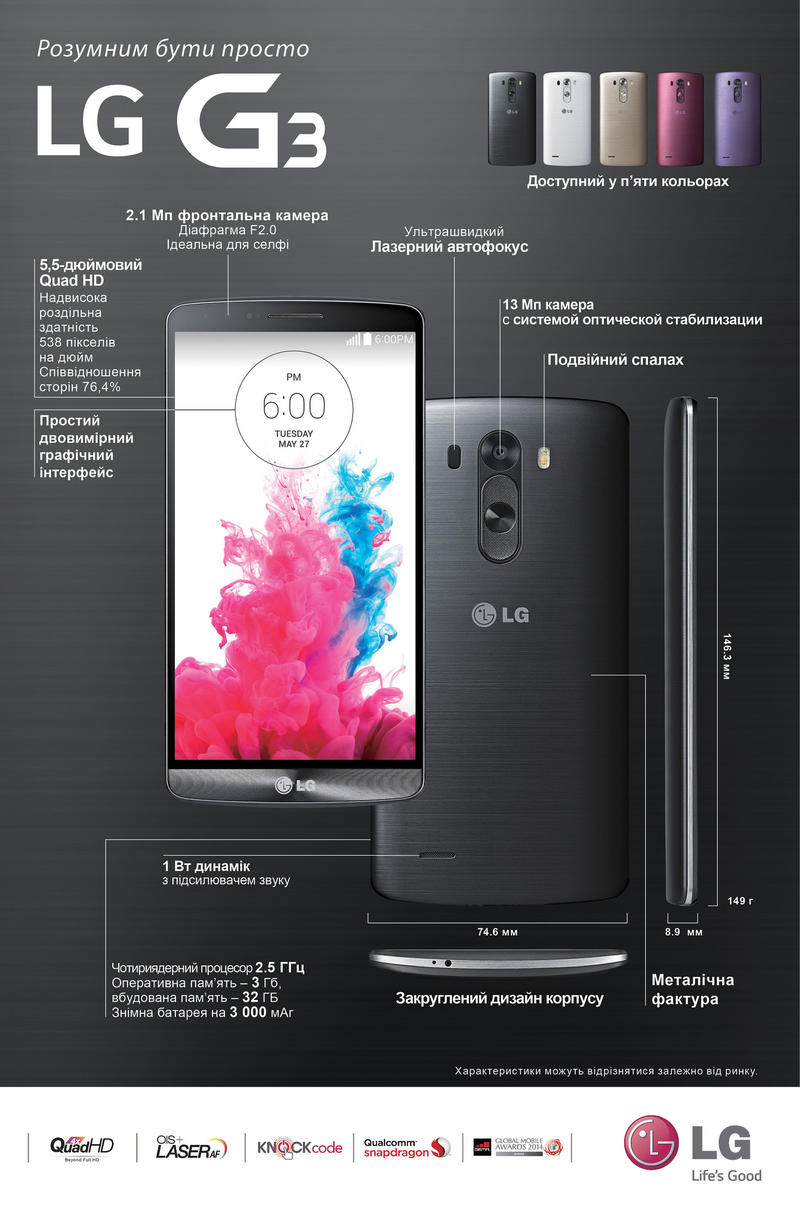 LG выпустил флагманский смартфон G3 с 32 Гб памяти для Украины / lge.com
