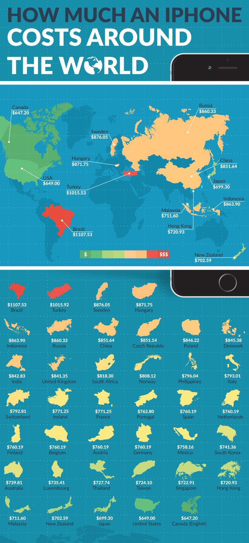 Сколько стоит iPhone в разных странах мира (инфографика) / webpagefx.com