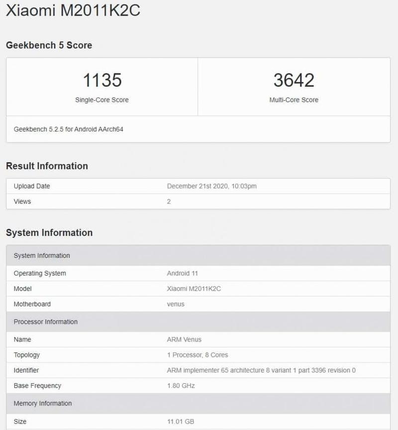 Раскрыты характеристики и стоимость Xiaomi Mi 11 / gsmarena.com