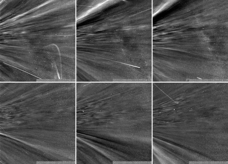 Яркие детали, видимые на изображениях, являются корональными косами, которые обычно можно увидеть с Земли только во время затмения. Они были сфотографированы зондом Parker во время девятого перигелия в августе этого года / NASA