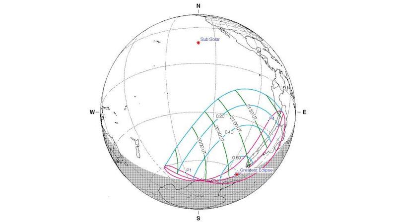 Карта частичного солнечного затмения 30 апреля 2022 года / NASA
