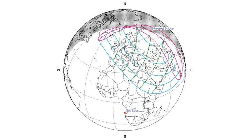 Карта частичного солнечного затмения 25 октября 2022 года / NASA