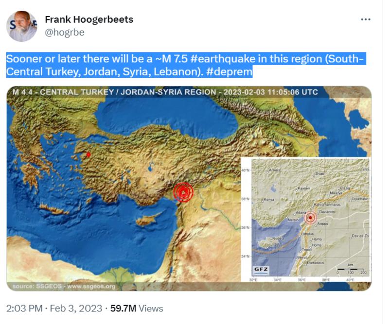 Пост Хугербітса з передбаченням землетрусів у Туреччині/Сирії від 3 лютого. Трагедія сталася 6 лютого - фото Twitter